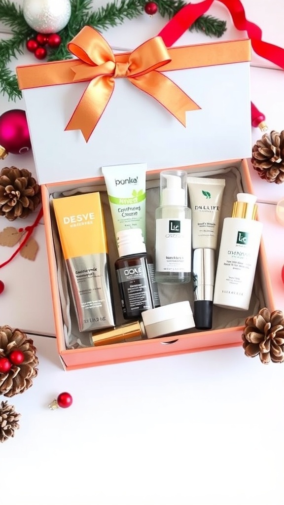 A festive skincare gift set with various products in a decorated box, perfect for Christmas gifting.